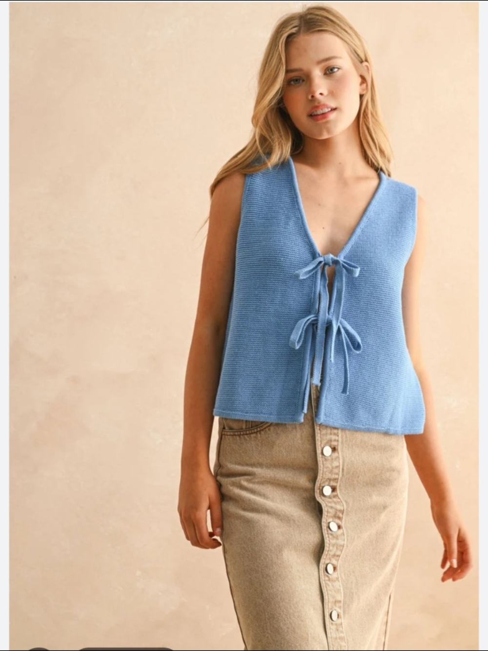 NWT Light Blue Knit Tie-Front Vest - Women 100% Cotton Size L